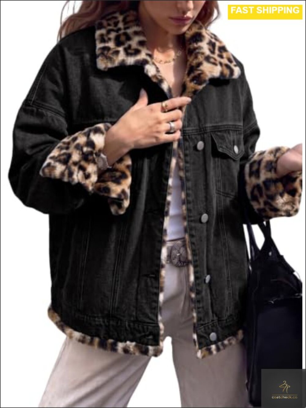 Oversized Fleece Lined Denim Jacket Snap Button Leopard Lining
